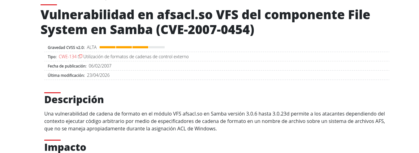 CVE-2007-0454 relacionado con Samba 3.0.20